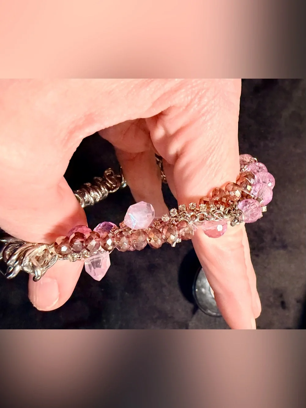 Artisan Pink Crystal Beaded Silver Tone Chainmail Statement Bracelet